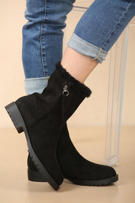Black Suede Fur Collar Ankle Boots (PACK B)