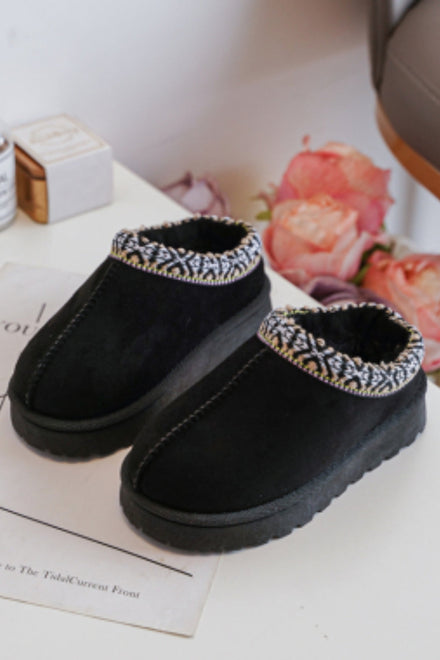 KIDS BLACK PATTERN DETAIL FAUX FUR SLIPPERS SIZE 31-36