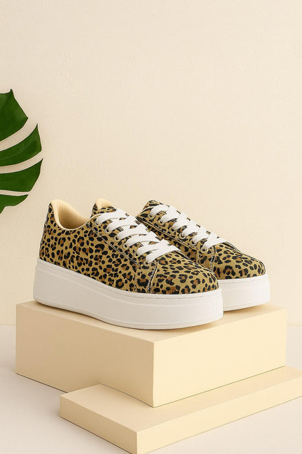 Women's Lace Up Leopard Chunky Flat Casual Fashion Designer Trainers