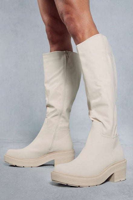 Cream PU Knee High Heeled Biker Boot