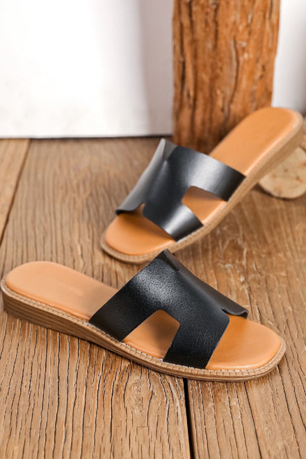 BLACK FLAT LOW WEDGE CUT OUT DETAIL SLIP ON COMFY SOLE SLIDER SUMMER SANDALS
