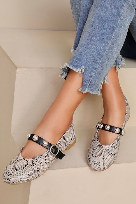 SNAKE CROSS STRAP SILVER STUD DETAIL MARY JANE FLAT PUMPS