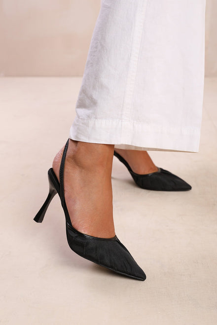 BLACK SATIN POINTED TOE PARTY HEEL SANDALS