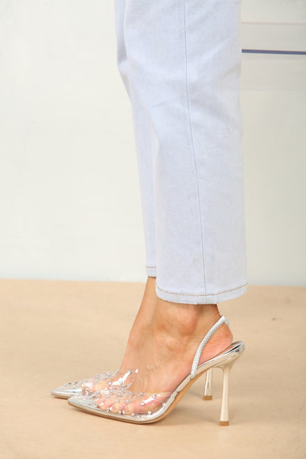 Silver Diamante Detailed Perspex Slingback Heel