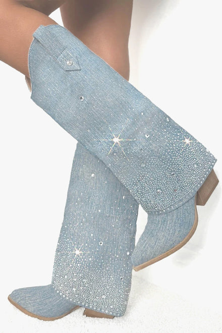 LIGHT BLUE DENIM BLOCK HEEL KNEE HIGH SPARKLE SHARK COWBOY BOOTS