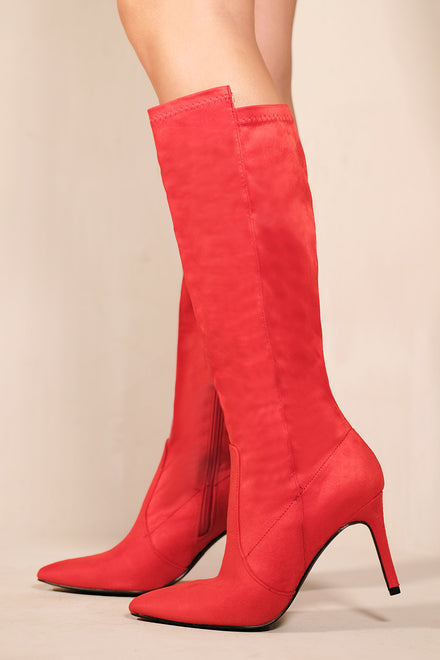 POINTED TOE CALF HIGH BOOTS WITH SIDE ZIP IN RED SUEDE