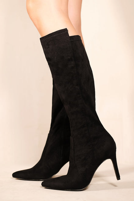 POINTED TOE CALF HIGH BOOTS WITH SIDE ZIP IN BLACK SUEDE