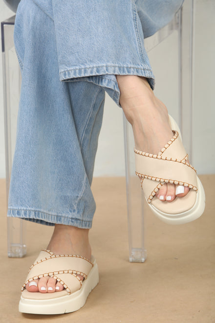 Cream Chunky Double Cross Strap Slider Sandals With Stitch Detail