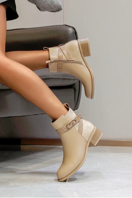 KHAKI LOW BLOCK HEEL BUCKLE DETAIL CASUAL DESIGNER ANKLE BOOTS