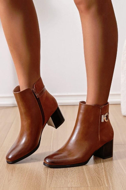 CAMEL LOW BLOCK HEEL DIAMANTE BUCKLE DETAIL ROUND TOE ANKLE BOOTS