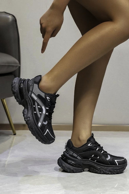 Ladies Black Lace Up Chunky Sole Casual Comfort Running Shoes Trainers