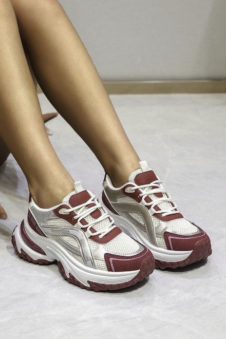 Ladies Red Lace Up Chunky Sole Casual Comfort Running Shoes Trainers