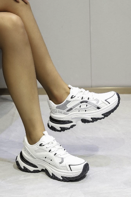 Ladies White Lace Up Chunky Sole Casual Comfort Running Shoes Trainers