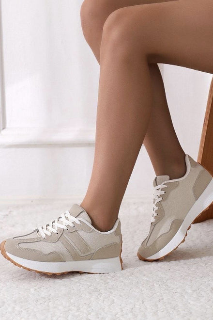 Ladies Beige Lace Up Grip Sole Casual Comfort Running Shoes Trainers
