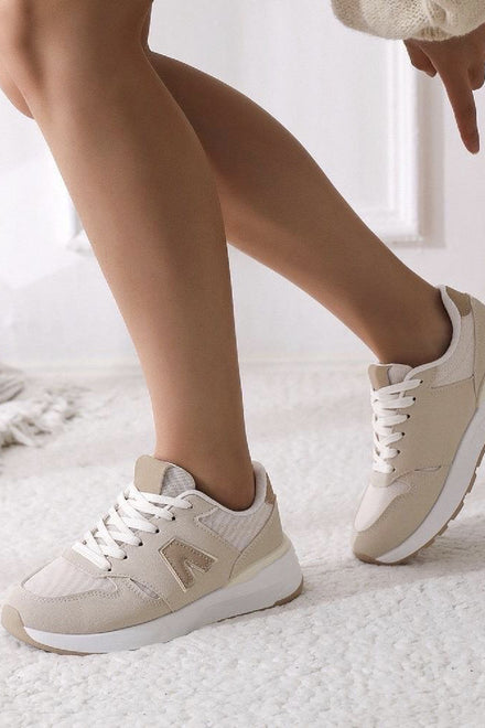 BEIGE LACE UP CHUNKY SIDE DETAIL DESIGNER FASHION RUNNING SHOES TRAINERS