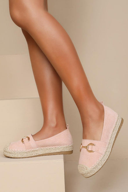 FAUX SUEDE FLAT GOLD METAL DETAIL ESPADRILLE MULES IN PINK