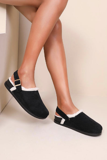 BLACK FAUX FUR LINED FLUFFY BUCKLE MULE SLIPPERS CLOGS