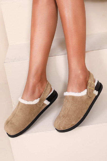CAMEL FAUX FUR LINED FLUFFY BUCKLE MULE SLIPPERS CLOGS