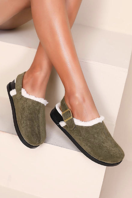 GREEN FAUX FUR LINED FLUFFY BUCKLE MULE SLIPPERS CLOGS