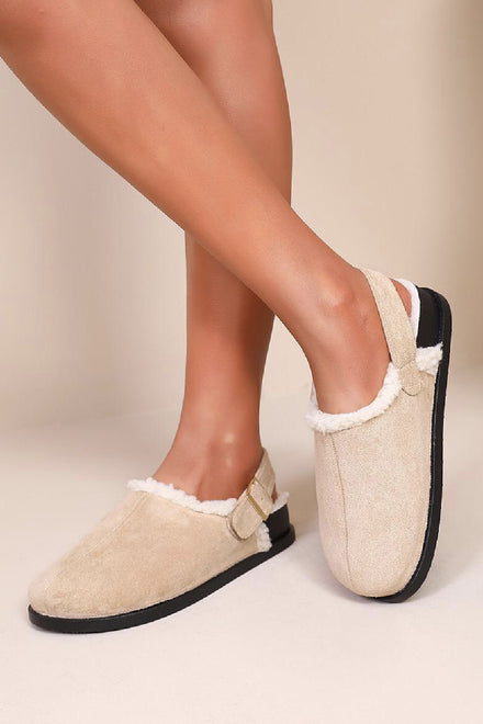 KHAKI FAUX FUR LINED FLUFFY BUCKLE MULE SLIPPERS CLOGS