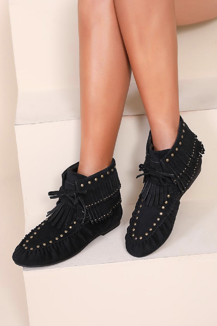 BLACK FRINGE TASSEL DETAIL STUDDED VINTAGE ANKLE BOOTS