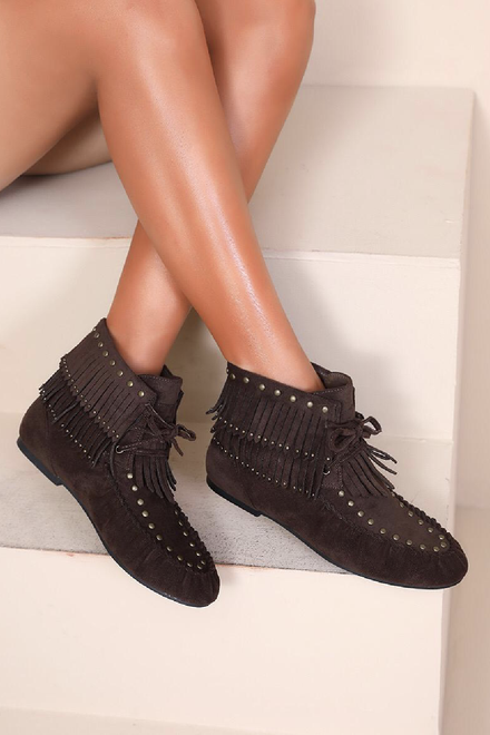 BROWN FRINGE TASSEL DETAIL STUDDED VINTAGE ANKLE BOOTS