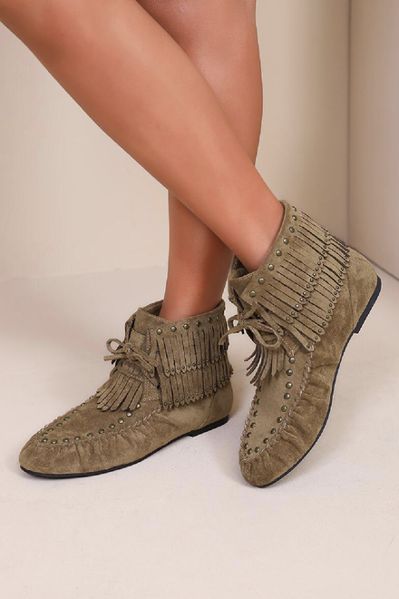 CAMEL FRINGE TASSEL DETAIL STUDDED VINTAGE ANKLE BOOTS