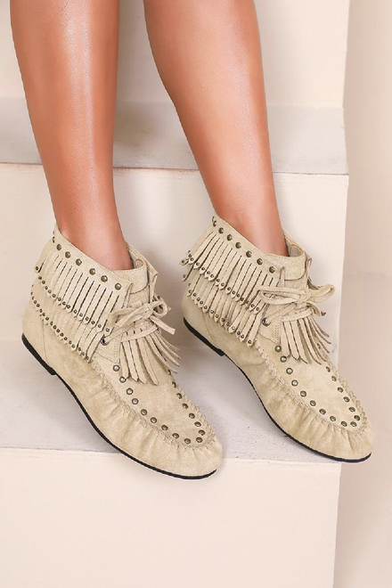 KHAKI FRINGE TASSEL DETAIL STUDDED VINTAGE ANKLE BOOTS