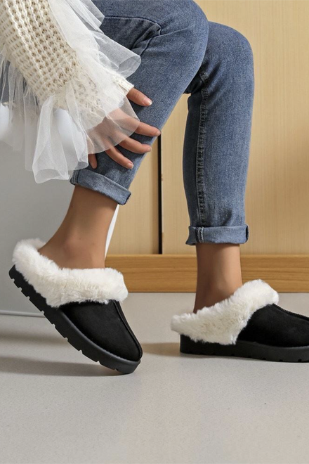 BLACK FUAX FUR LINED COSY MULE SLIPPERS FLUFFY SHOES