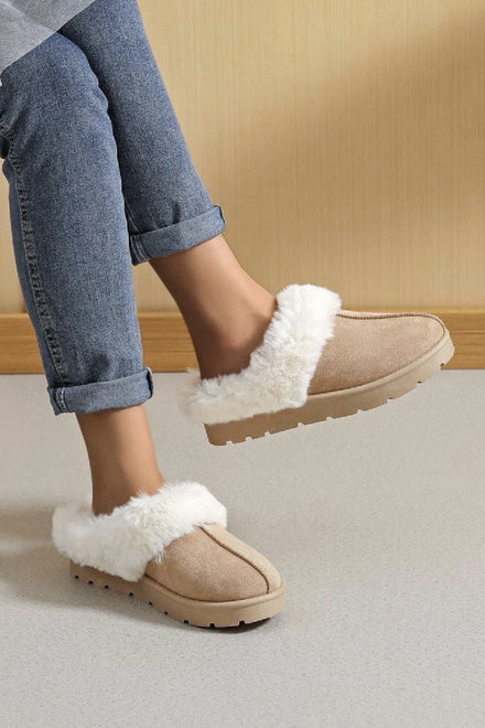 KHAKI FUAX FUR LINED COSY MULE SLIPPERS FLUFFY SHOES