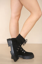 Black Suede Fur Collar Lace up Ankle Boots