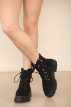 Black Suede Fur Collar Lace up Ankle Boots