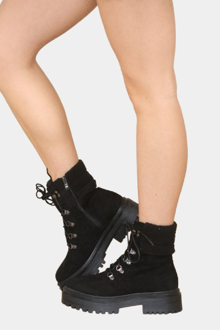 Black Suede Fur Collar Lace up Ankle Boots (PACK A)