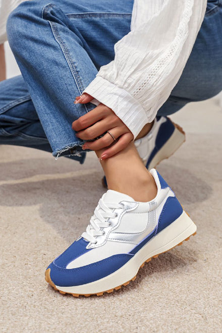 BLUE LACE UP FLAT SIDE DETAIL TRAINERS