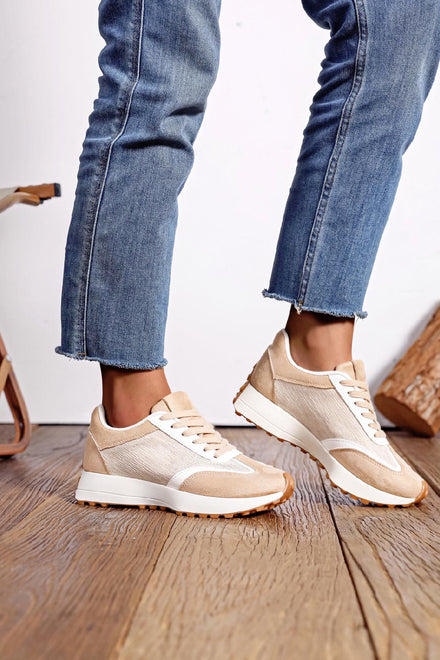 Women's Lace Up Flat Casual Fashion Designer Trainers in Beige