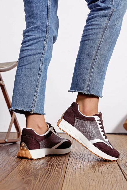 Women's Lace Up Flat Casual Fashion Designer Trainers in Brown