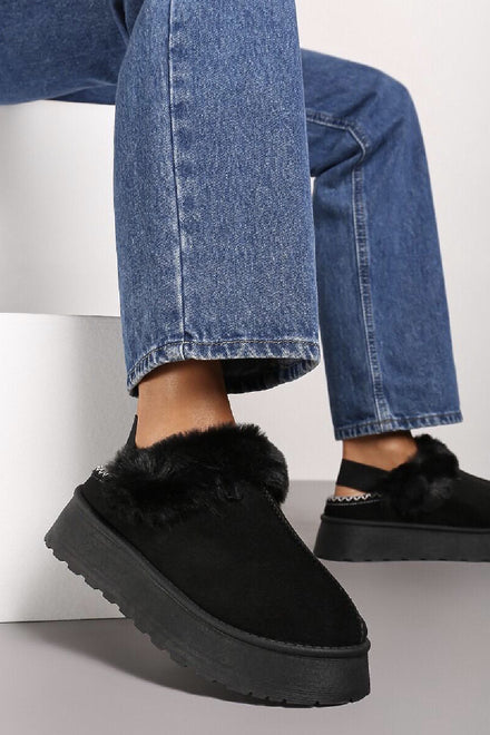 BLACK FAUX FUR LINED SLING BACK FLUFFY AZTEC PRINT PLATFORM SLIPPERS