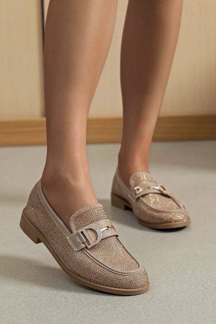 KHAKI CRYSTAL DIAMANTE LOAFERS SPARKLY GOLD TRIM DETAIL SHOES