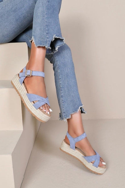 CROSS STRAP ESPADRILLE PLATFORM OPEN TOE BUCKLED SANDALS IN BLUE