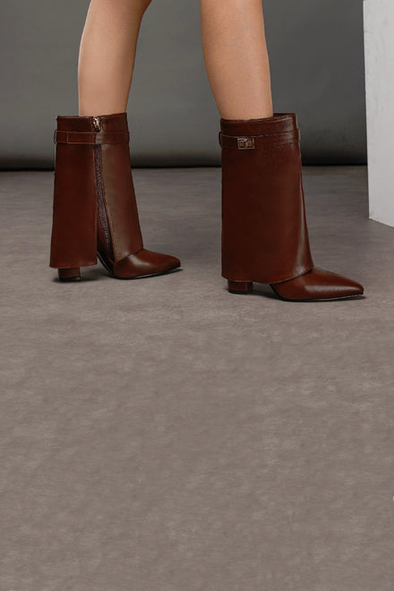 BROWN PU BLOCK HEEL FOLD OVER GOLD BUCKLE SHARK BOOTS MID CALF BOOTS