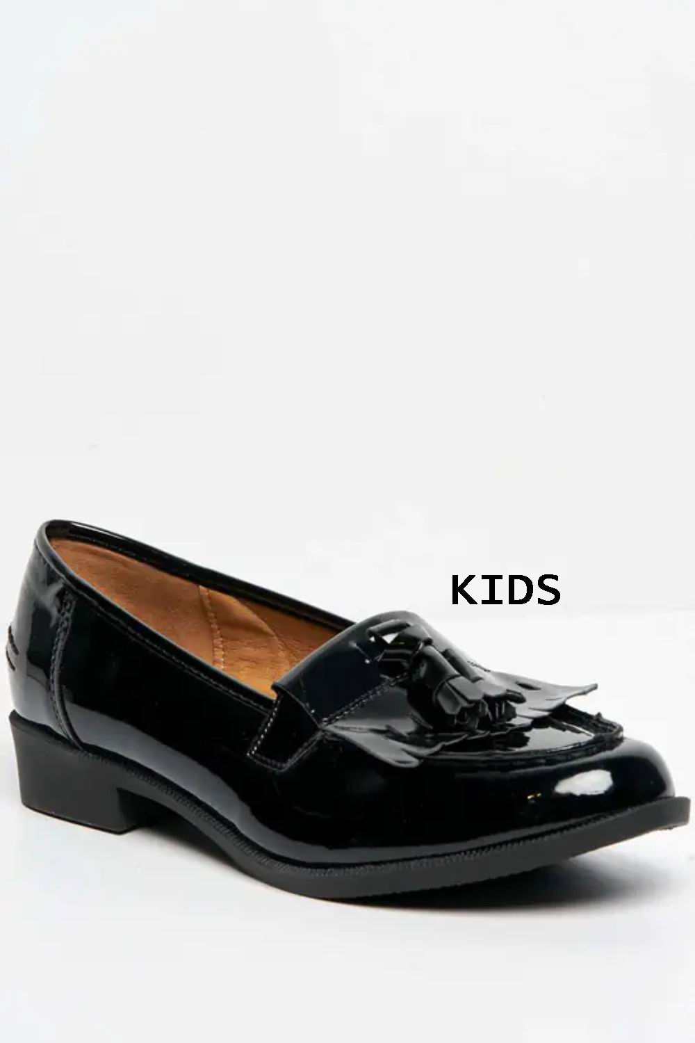 Kids Black Patent Slip On Flatform Loafer Shoes With Tassle