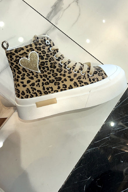 LEOPARD CANVAS HIGH TOP LACE UP SNEAKERS TRAINERS
