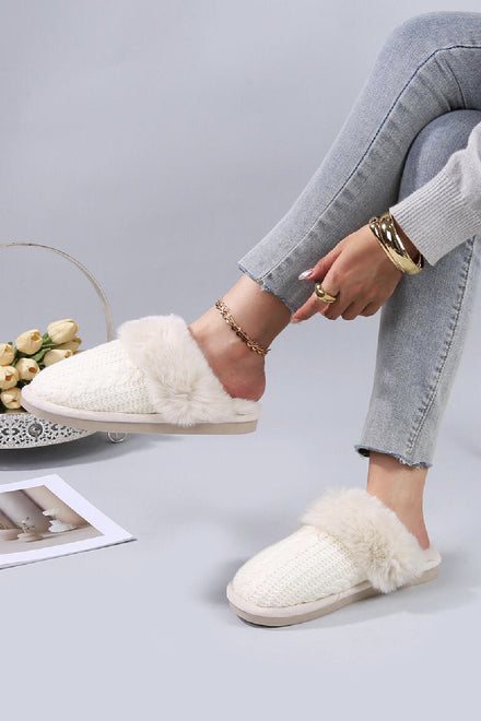 BEIGE FLUFFY FUAX FUR CABLE KNIT COSY MULE SLIPPERS SHOES