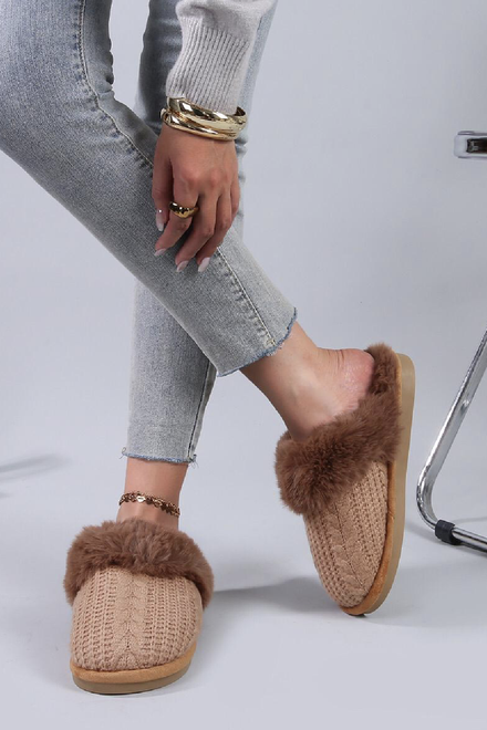 CAMEL FLUFFY FUAX FUR CABLE KNIT COSY MULE SLIPPERS SHOES