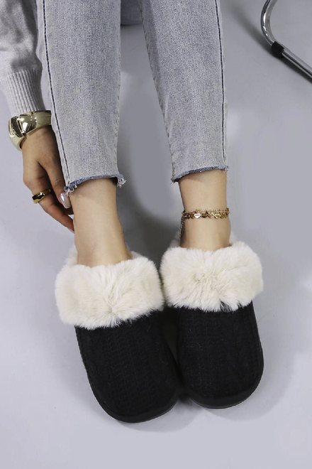 BLACK FLUFFY FUAX FUR CABLE KNIT COSY MULE SLIPPERS SHOES
