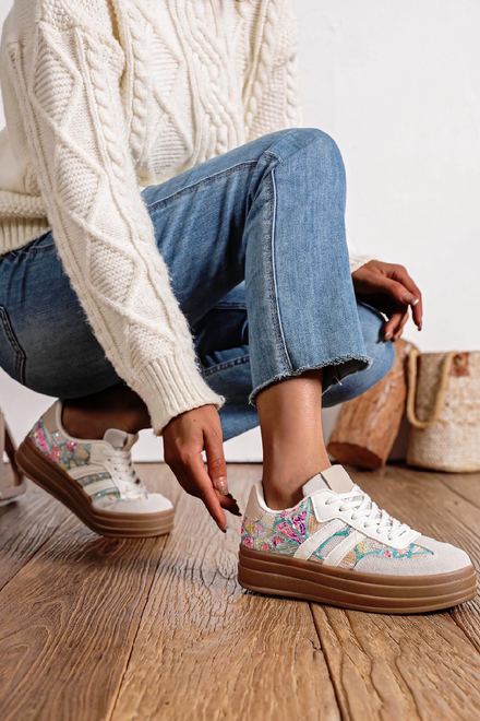 Women's Lace Up Chunky Side Detail Casual Fashion Designer Trainers in Beige
