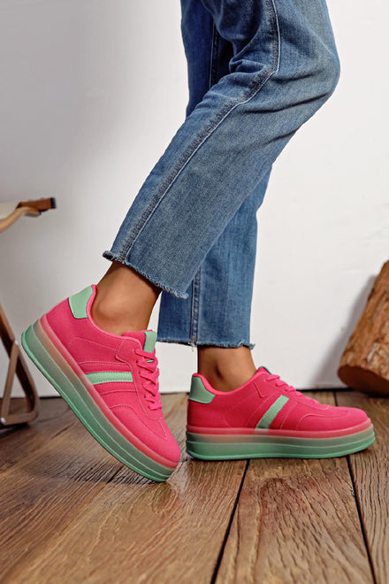 Women's Lace Up Chunky Side Detail Casual Fashion Designer Trainers in Fuchsia