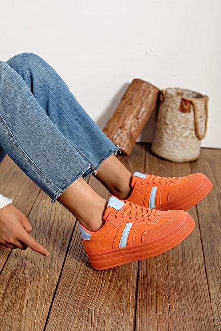 Women's Lace Up Chunky Side Detail Casual Fashion Designer Trainers in Orange