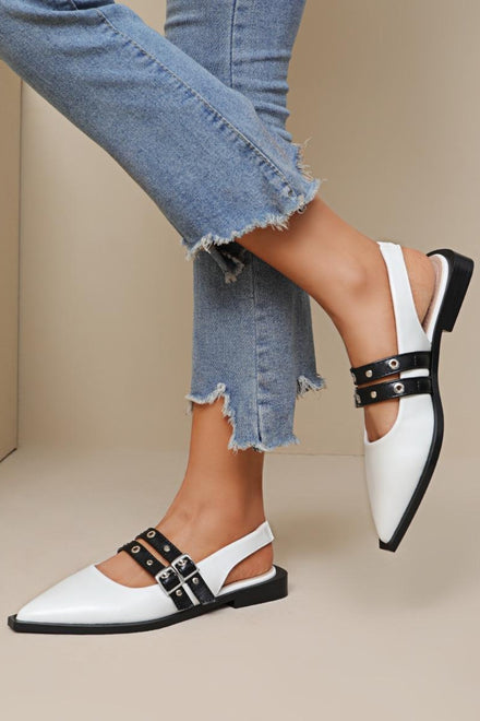 MARY JANE BUCKLE DETAIL STUDDED POINTED CLOSED TOE SHOES IN WHITE