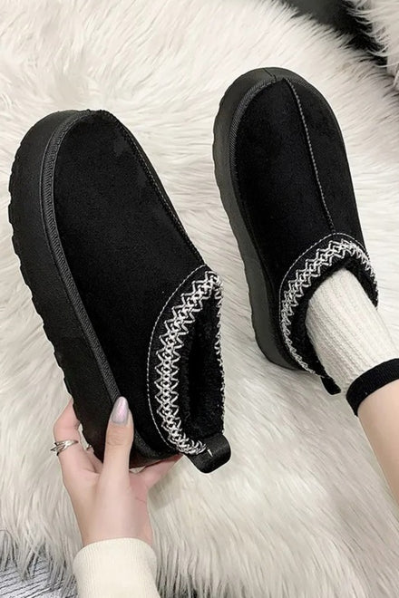 BLACK EMBROIDED FLUFFY PLATFORM SLIPPERS AZTEC DETAIL FAUX FUR LINED ANKLE BOOTS